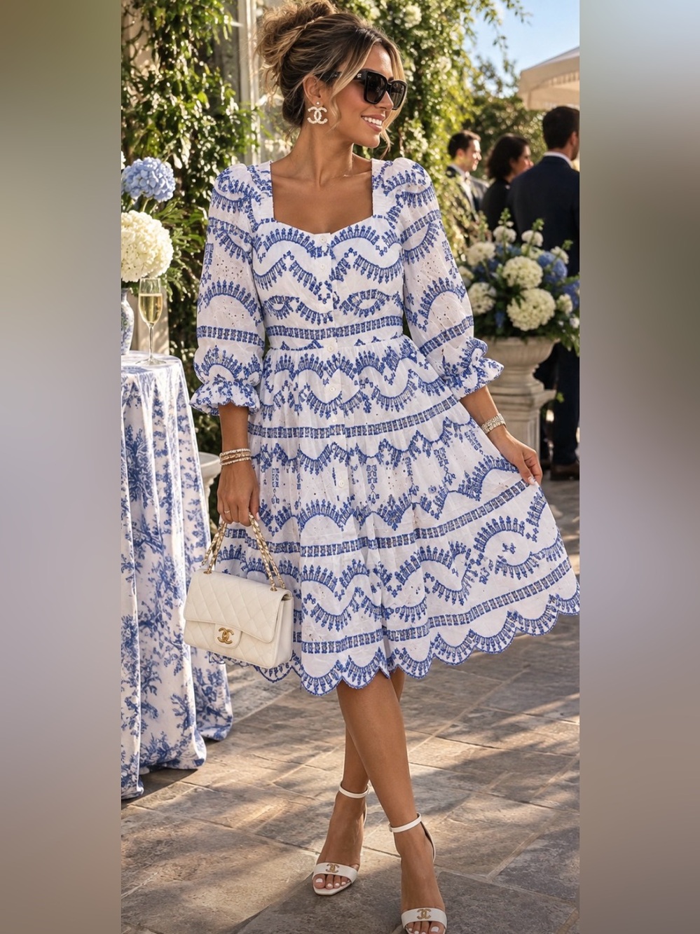 Blue & White Patterned Square-Neck Tiered Dress